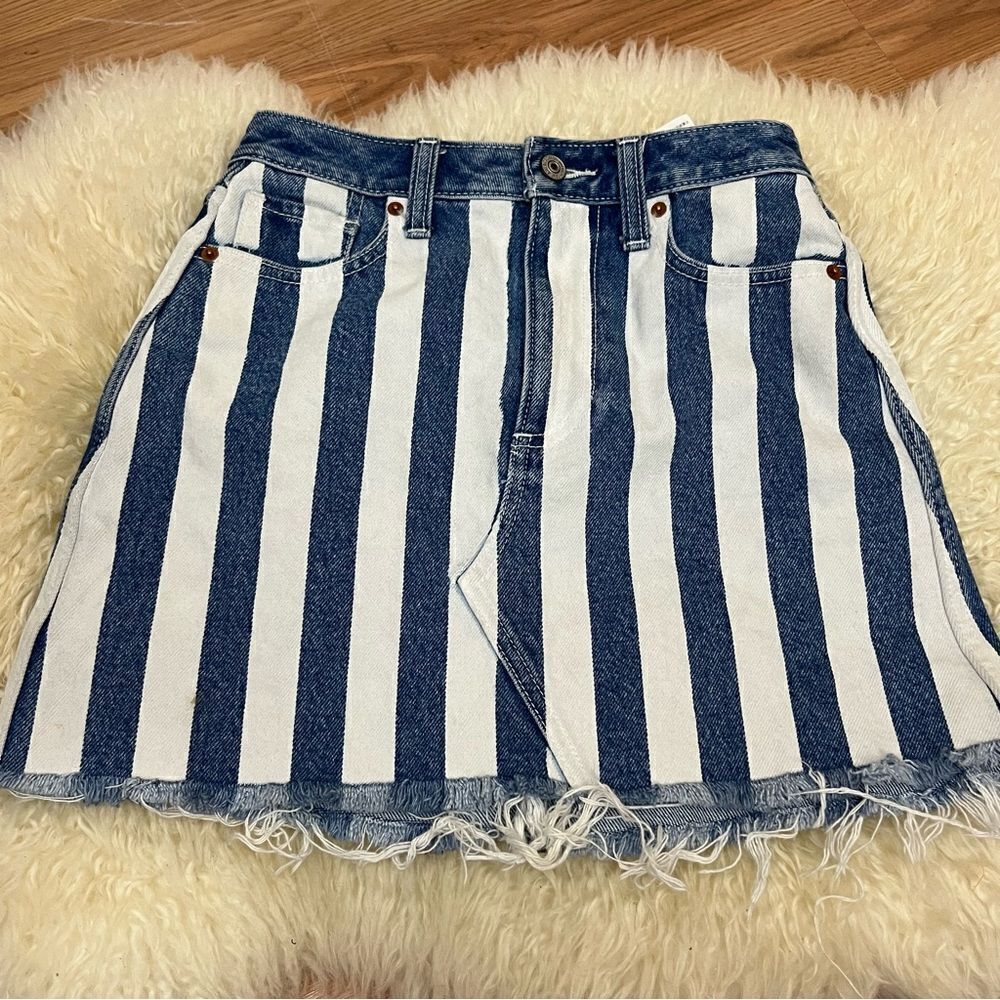 Abercrombie & Fitch Striped Denim Mini Skirt High Waist Raw Hem 24